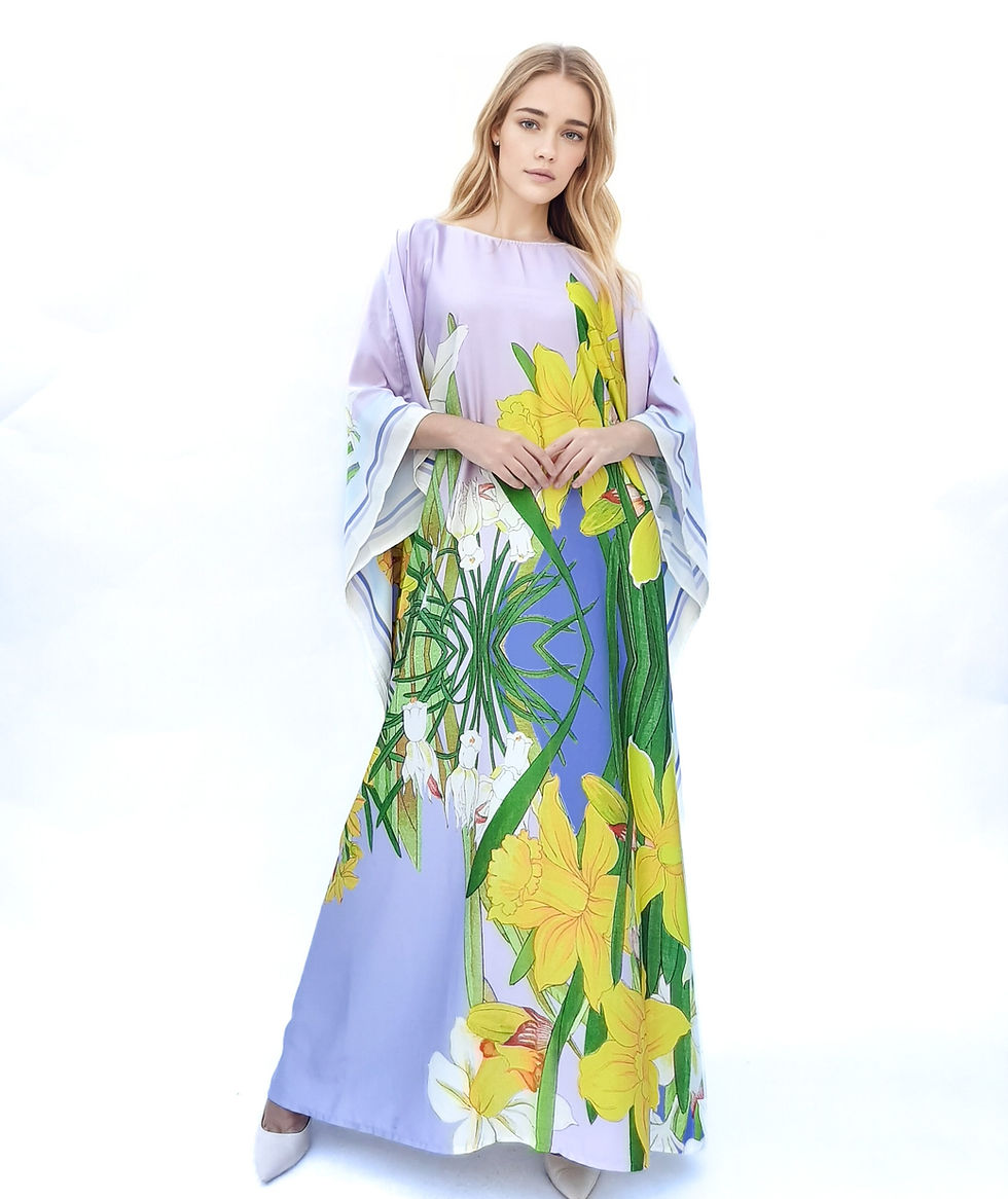Miniature : Daffodil kaftan silk dress summer lounge wear, Floral caftan gift for mother