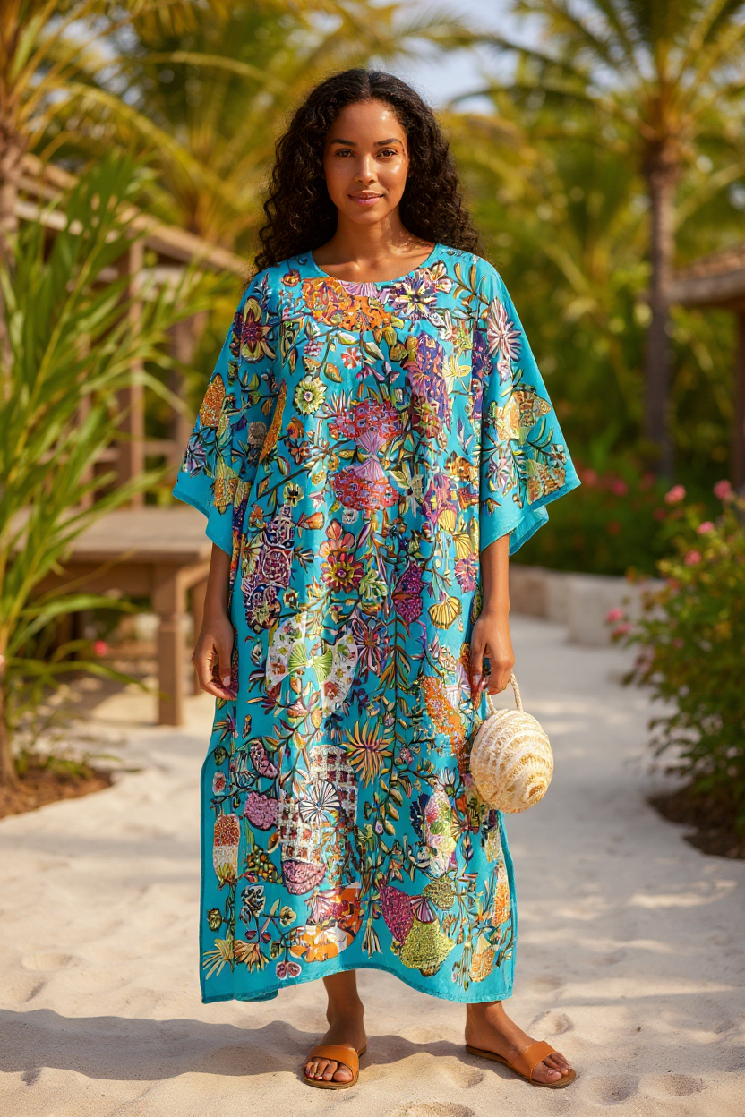 Thumbnail: Plus Size Kaftan Floral Print : Silk Dress Luxury, Resort Wear, Comfort Silk