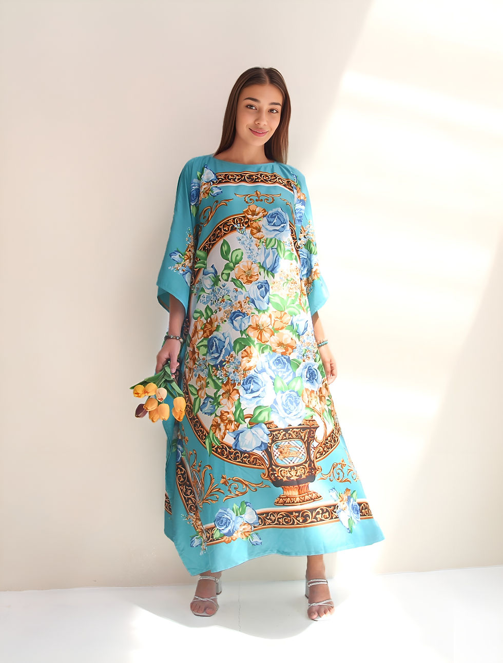 Thumbnail: Blue silk kaftan floral dress- Luxury silk caftan beach wedding dressing gown