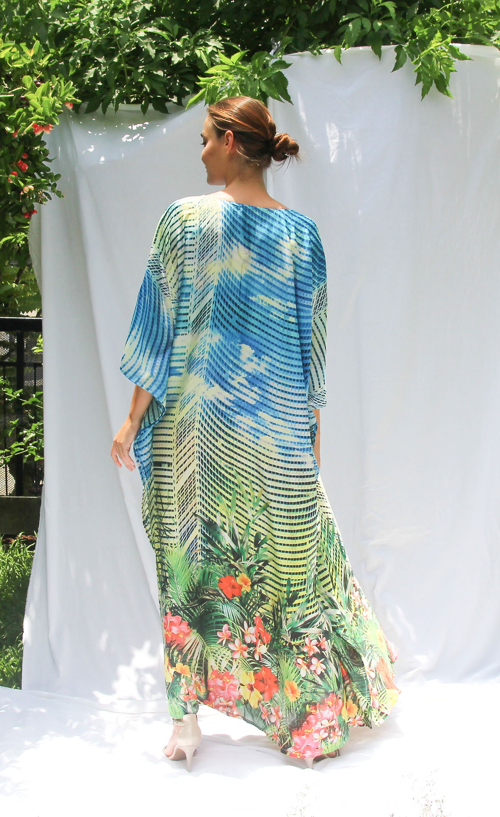 Thumbnail: Tropical Print Kaftan - Silk Kaftan Custom Length - Full Length Kaftan Silk Maxi