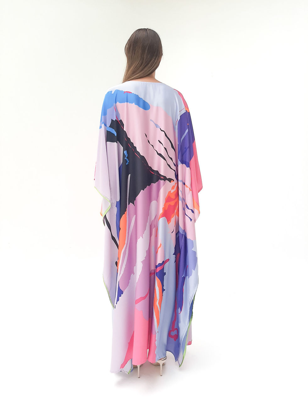 縮圖：Pink kaftan floral abstract pring, Pink Silk dress for Women
