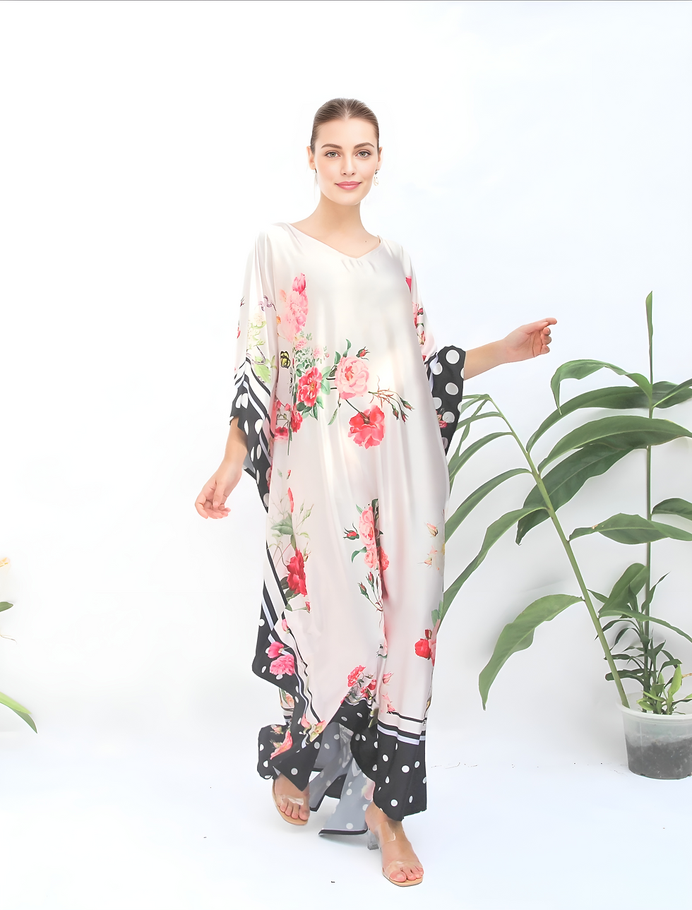 Thumbnail: Floral cocktail dress for wedding on the beach- Moroccan kaftan Silk luxury