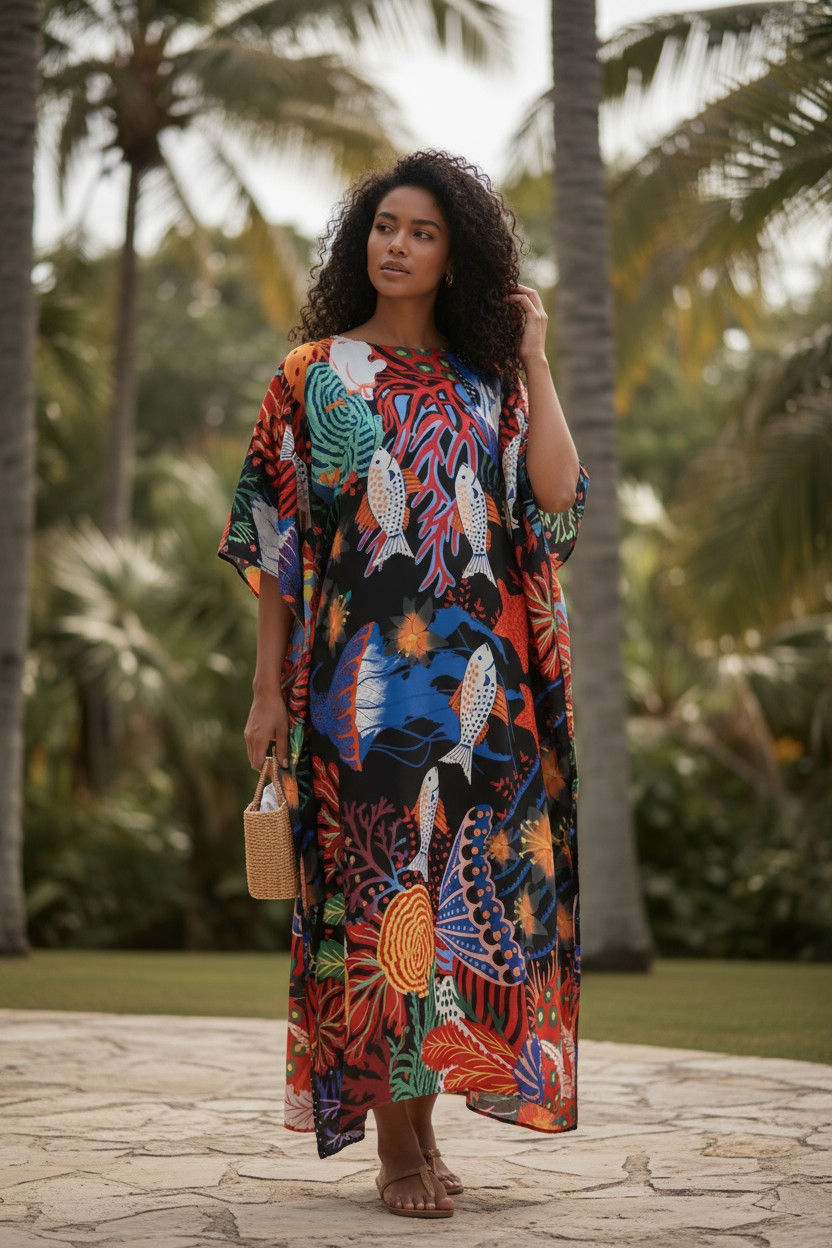 Thumbnail: Ocean Print Kaftan : Fish, Coral,Jellyfish  Dress, Beach Wedding Dress for Guest