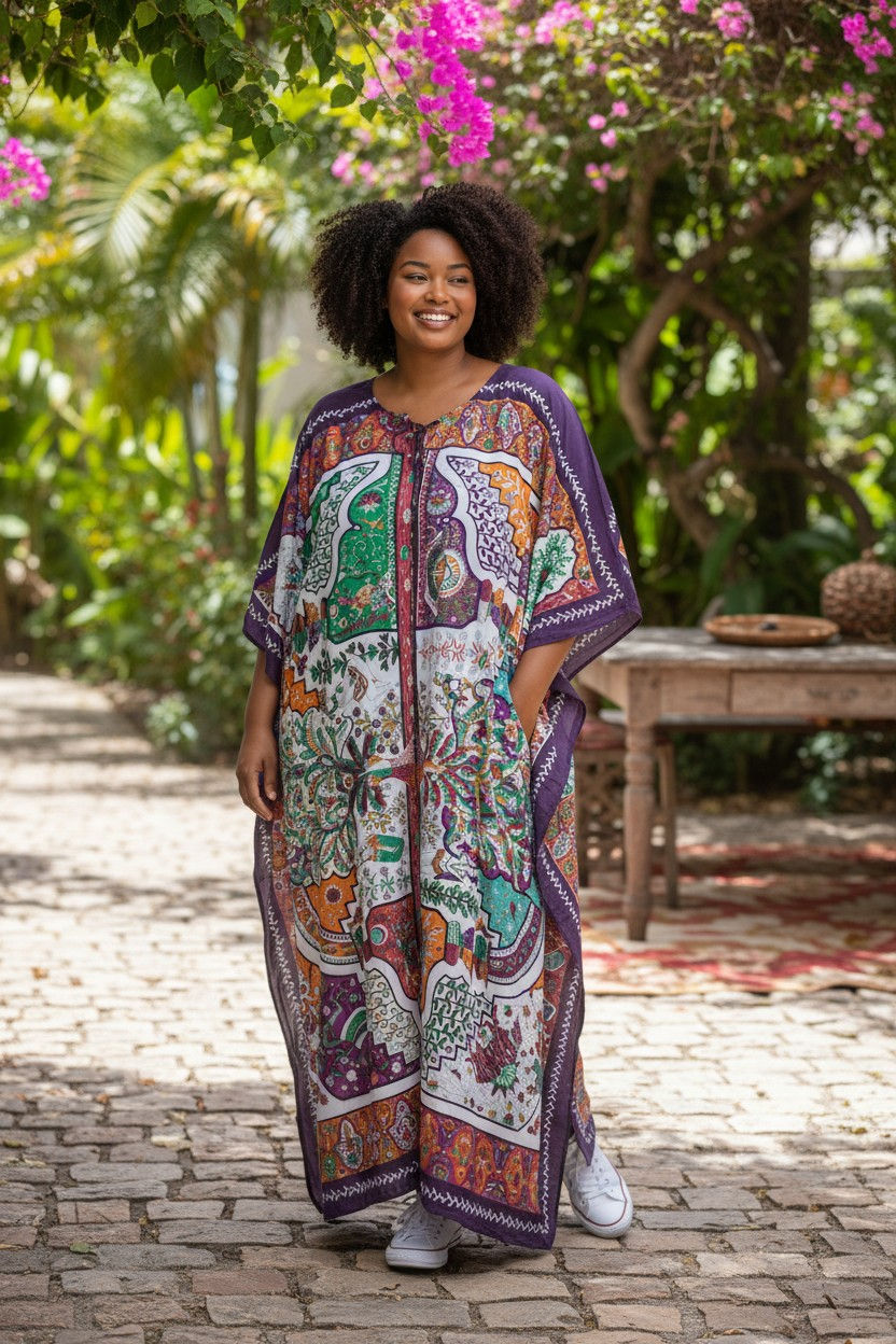 Miniature : Vintage Kaftan Dressing Gown : Purple Gown for Vacation, Silk Twill