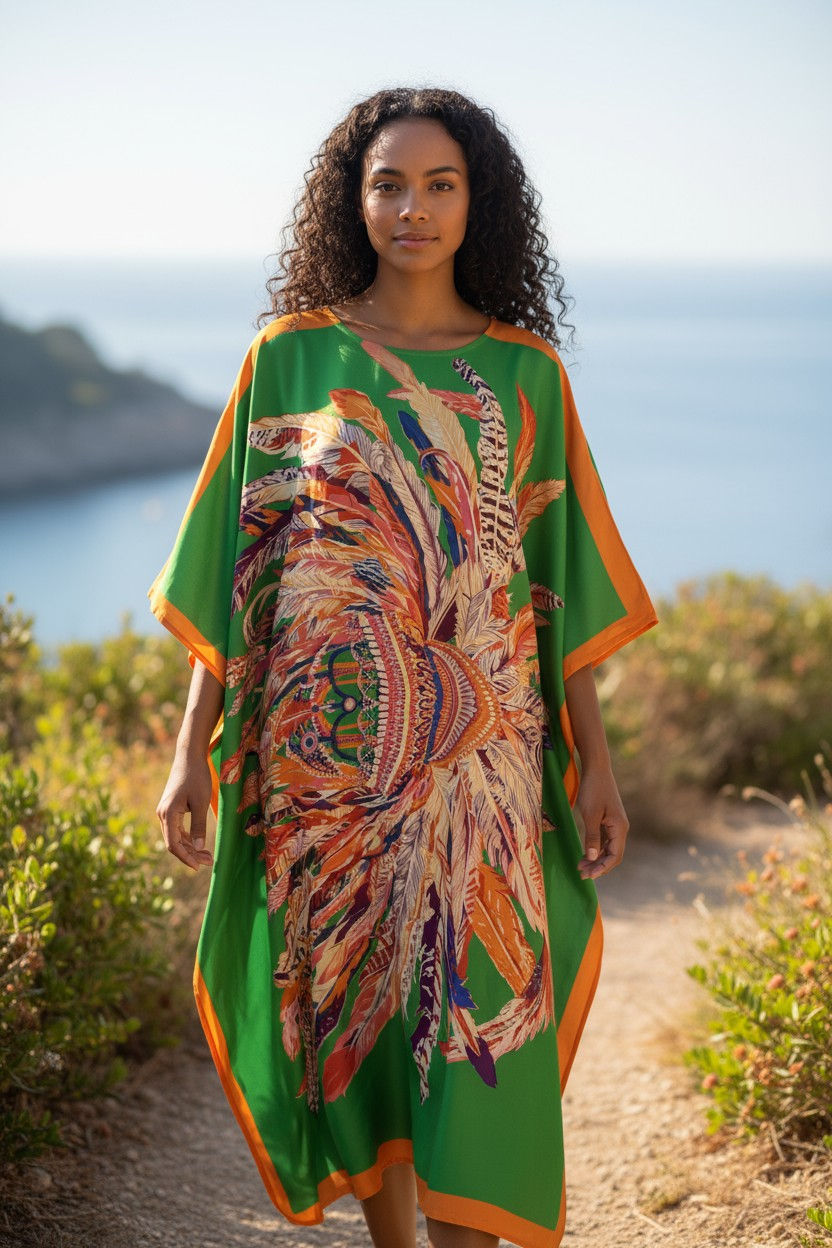 Thumbnail: Green Kaftan Feather Print : Vintage Dressing Gown for Beach Wedding