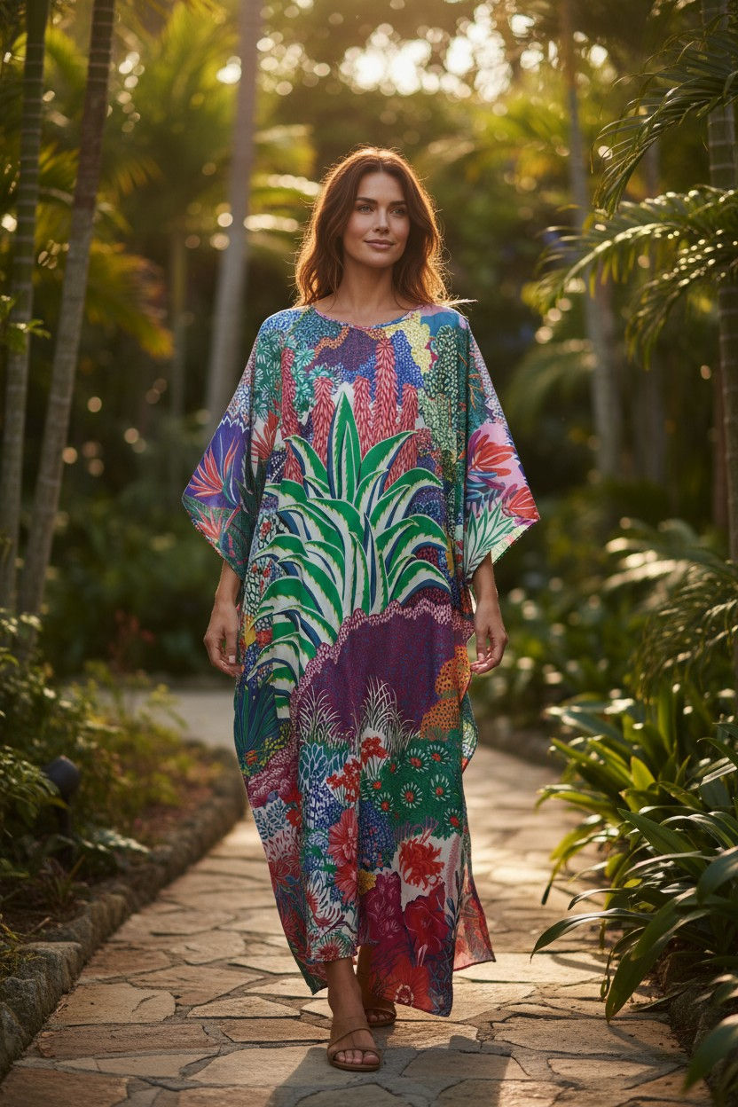 Miniatura: Silk Kaftan for Women : Garden Theme, Vibrant Color Dress, Resort & Holiday Gown