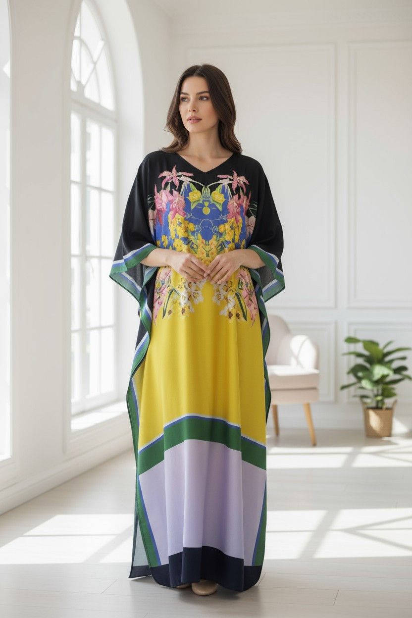 Miniature : Silk kaftan full length custom- floral dressing forest wedding gown