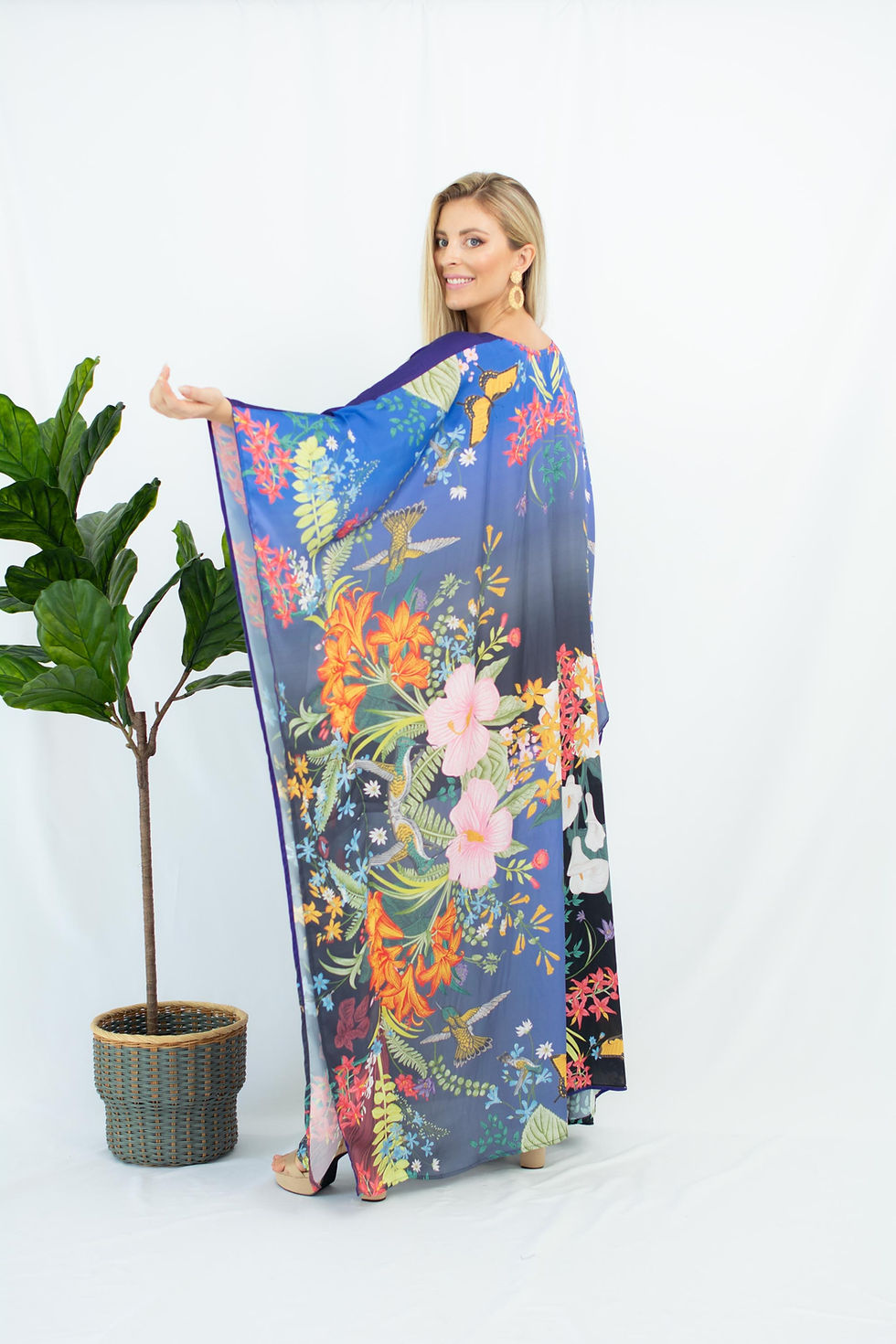 Thumbnail: Full Floral Kaftan Plus Size, Handmade Kaftan Long Sleeves, Silk Kaftan Summer