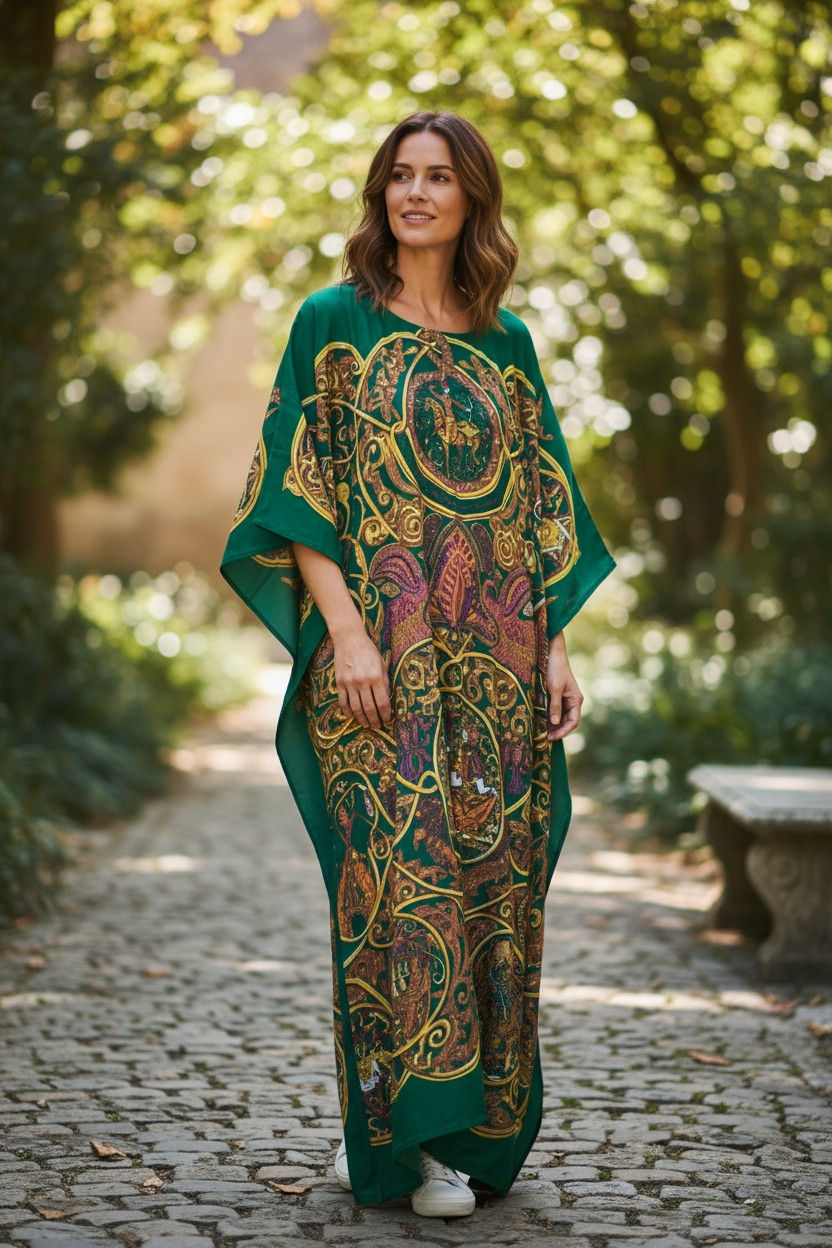 Miniature : Royal Kaftan Green Silk Twill : Custom Length Free of Charge, Beach & Resort