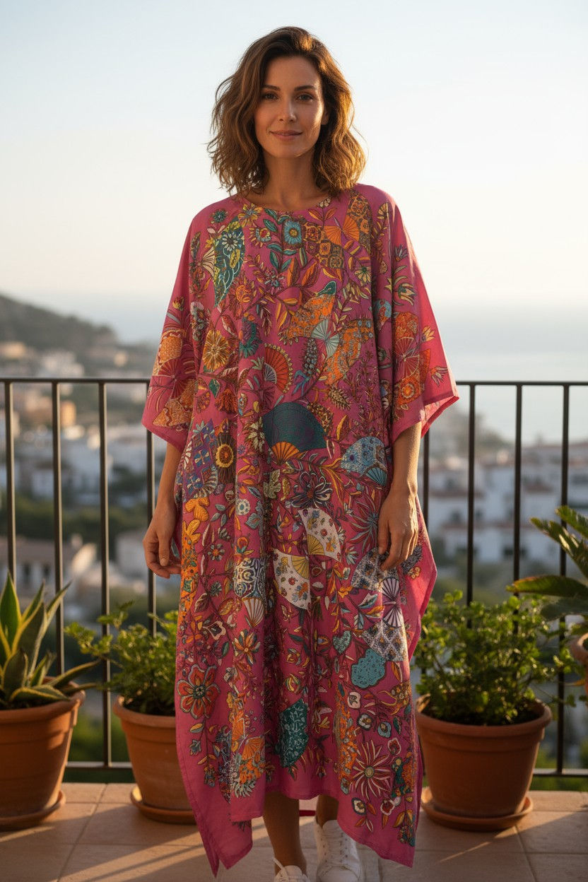 Miniature : Pink Kaftan Vintage Dress Silk : Cruise Dress Vacation Silk Twill