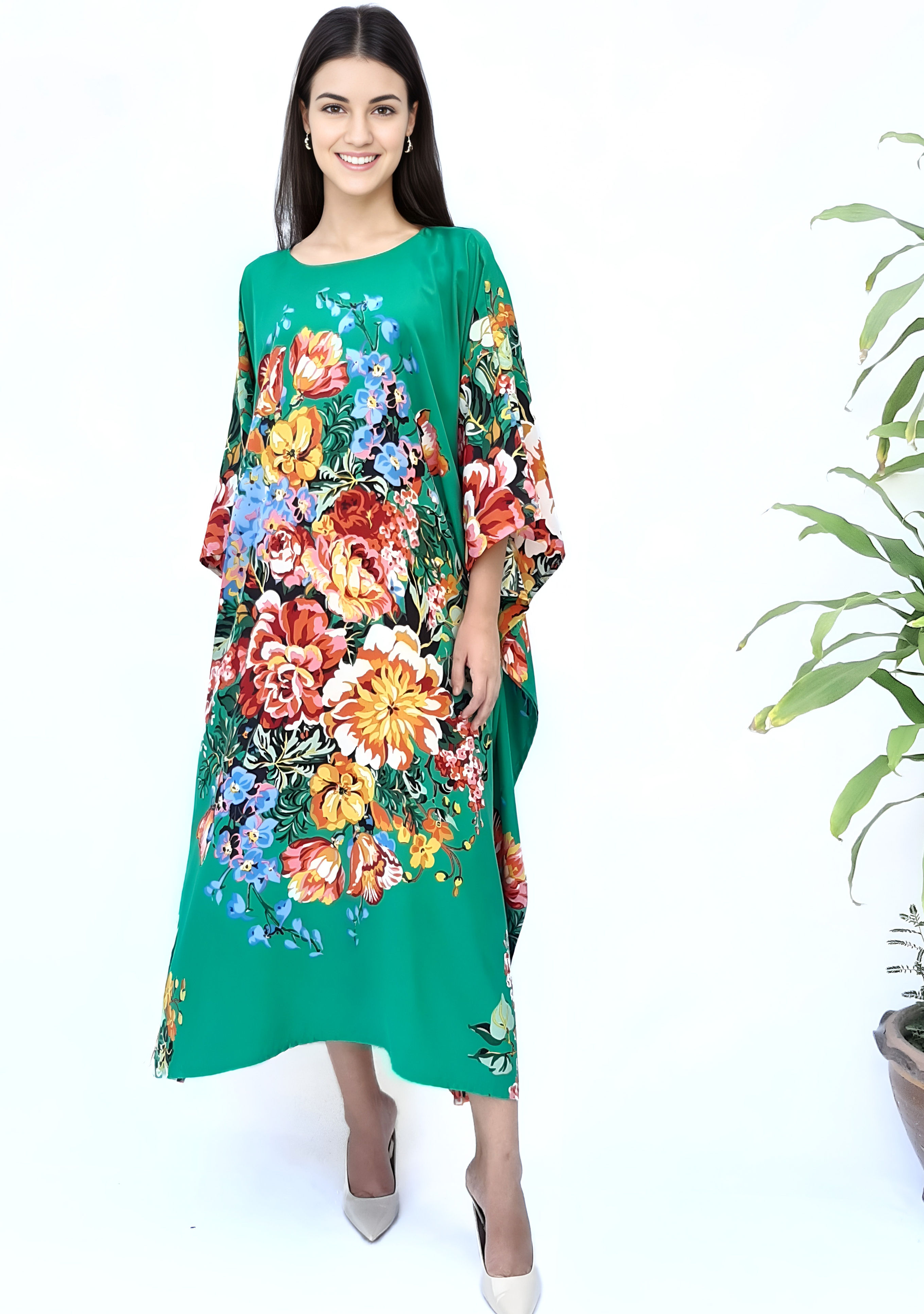 Christmas kaftan green silk caftan evening dress, Silk kaftan luxury