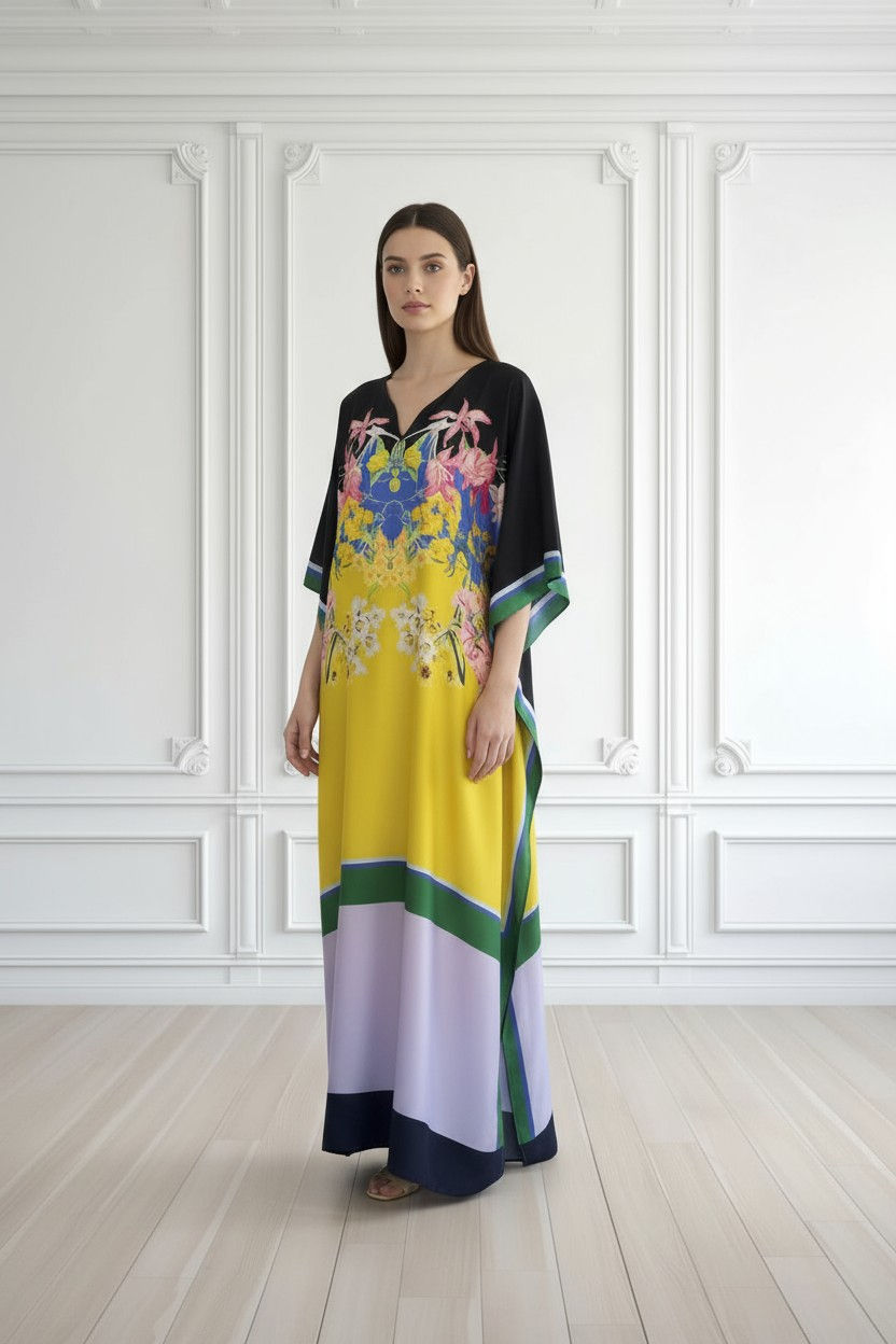 Miniature : Silk kaftan full length custom- floral dressing forest wedding gown