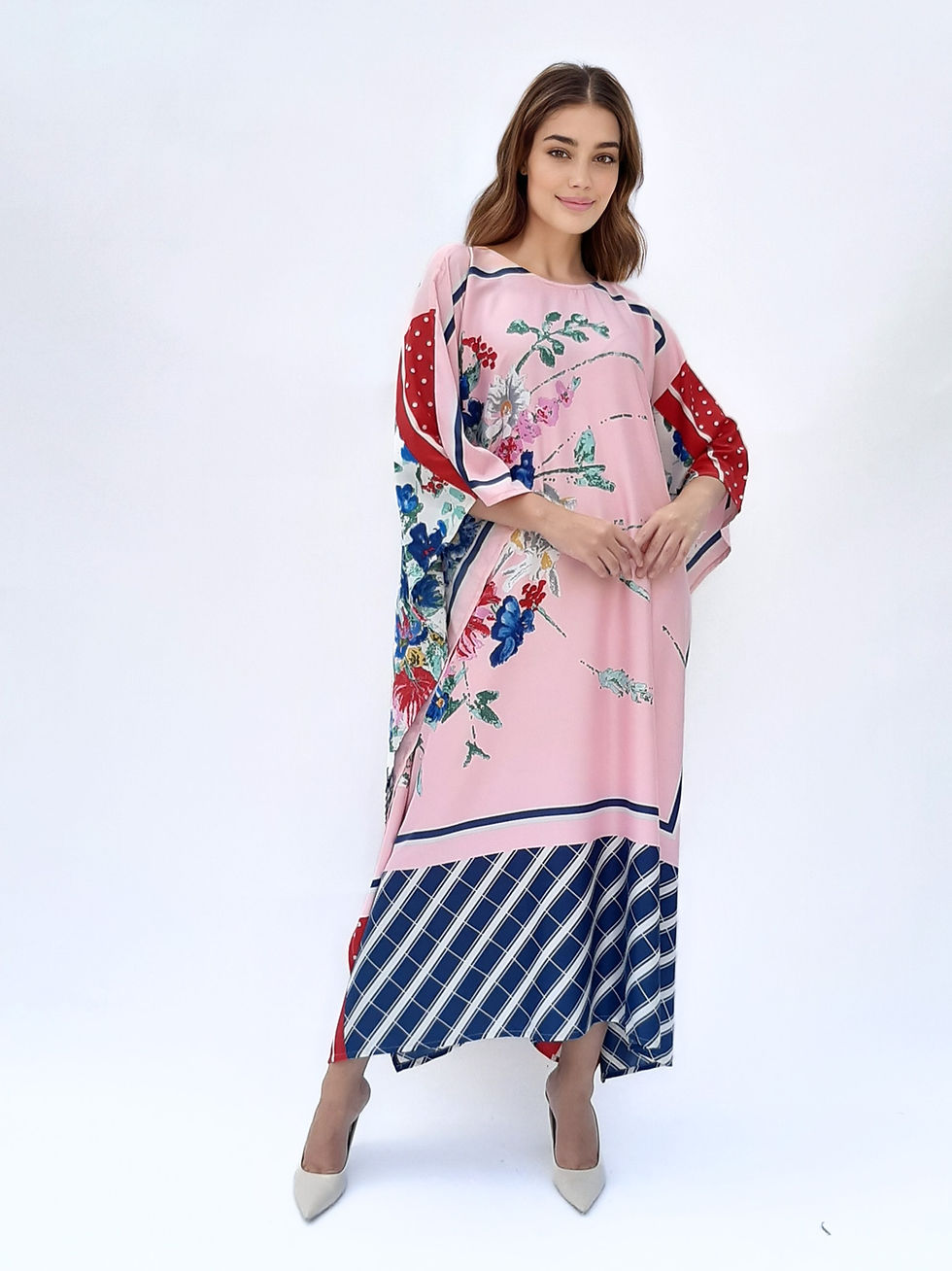 Miniature : Twill silk kafta delivery, Pink caftan summer lounge wear vacation dress
