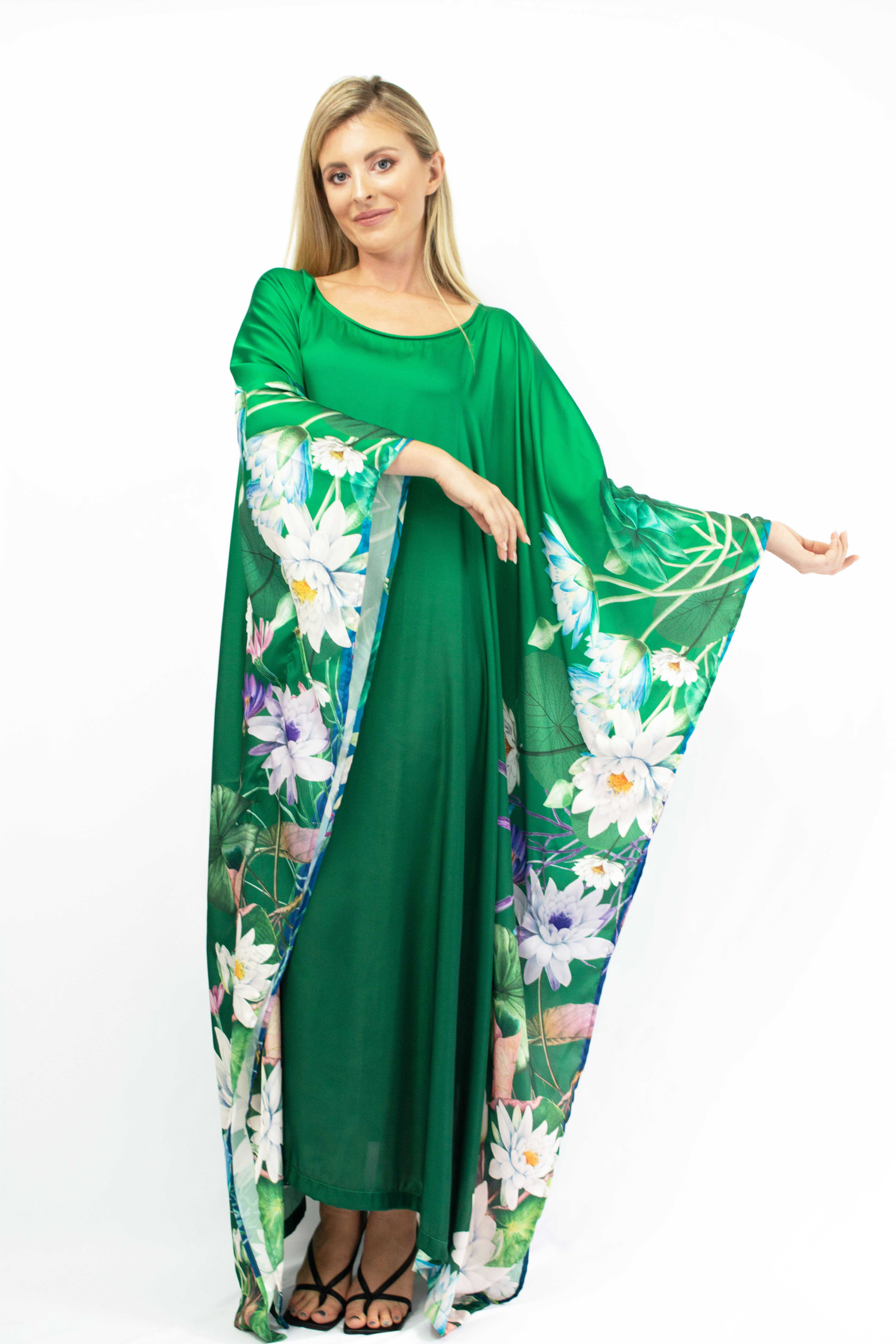 Green Kaftan Plus Size, Kaftan Long Sleeves with Lotus Prints, Summer Kaftan