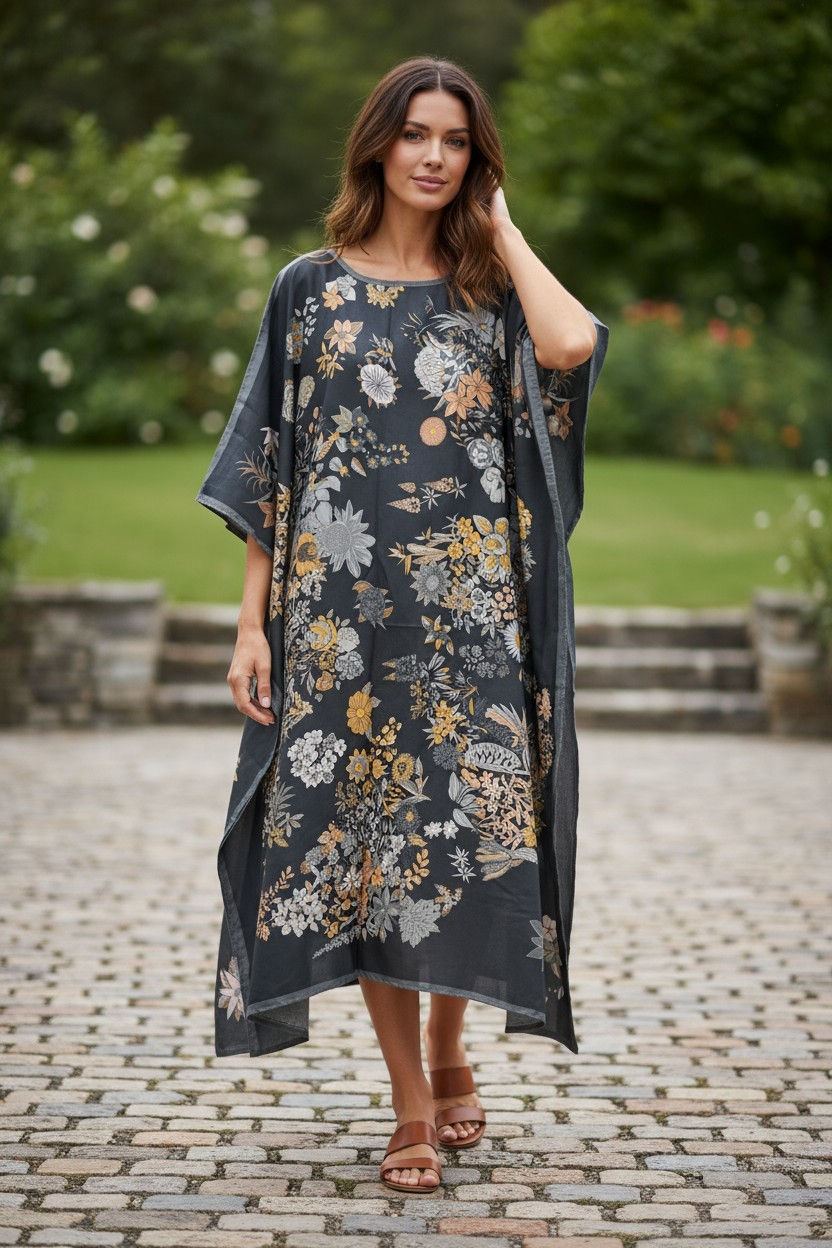 Thumbnail: Black Kaftan Dressing Gown : Floral Dress Classic Print, Gift for Mother