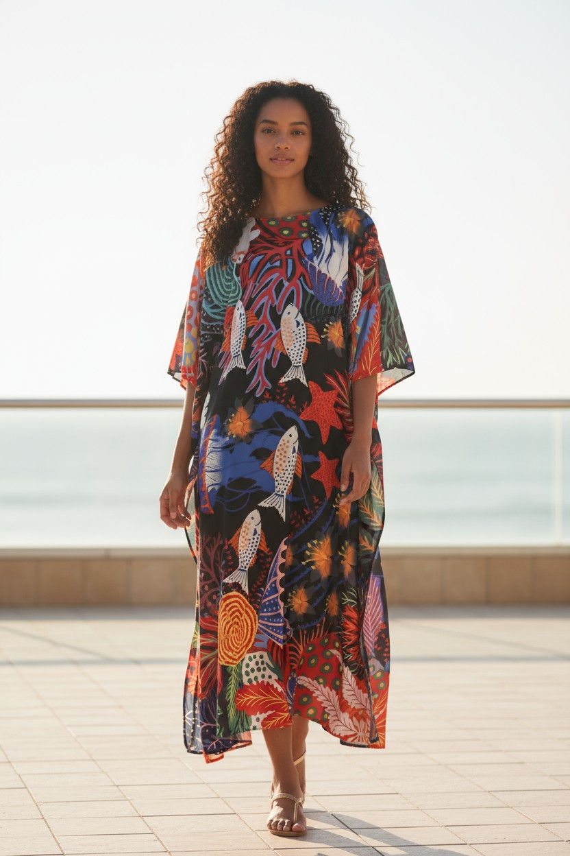 Thumbnail: Ocean Print Kaftan : Fish, Coral,Jellyfish  Dress, Beach Wedding Dress for Guest