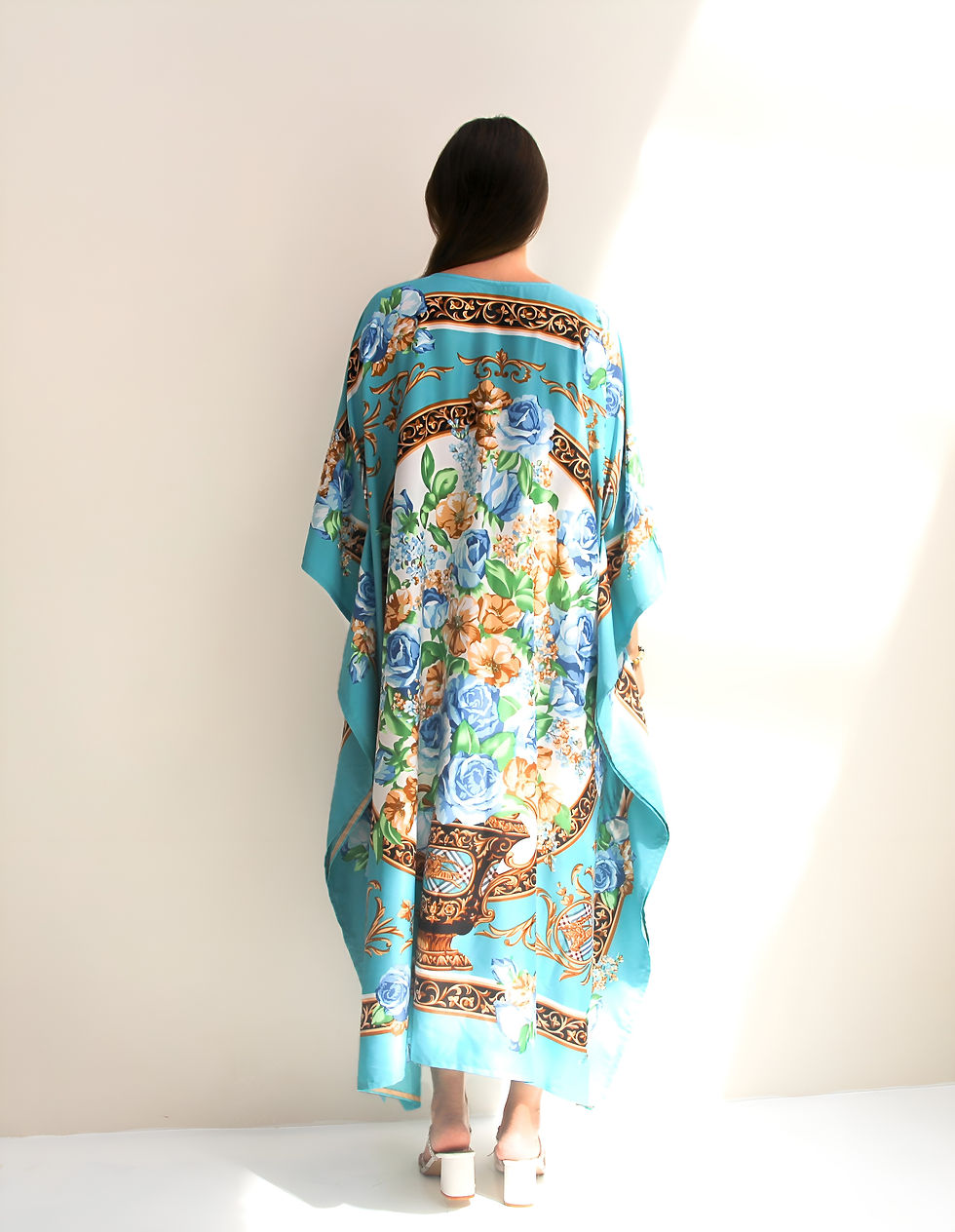 Thumbnail: Blue silk kaftan floral dress- Luxury silk caftan beach wedding dressing gown