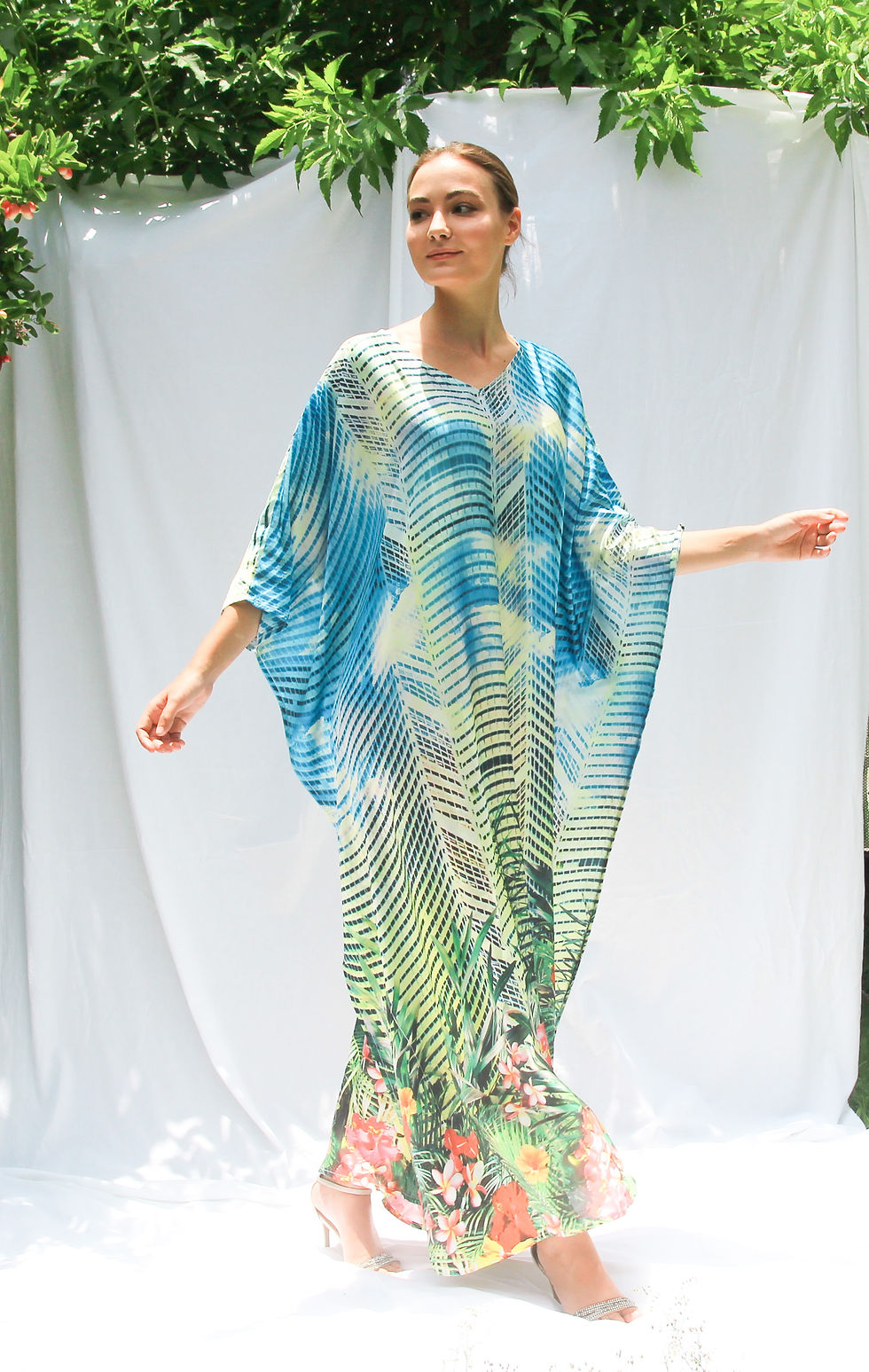 Thumbnail: Tropical Print Kaftan - Silk Kaftan Custom Length - Full Length Kaftan Silk Maxi