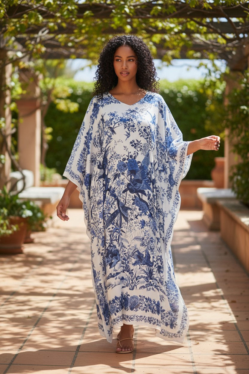 Thumbnail: Eden Garden with Birds and Tree : Kaftan Vintage, Silk Twill Dress Gift for Her