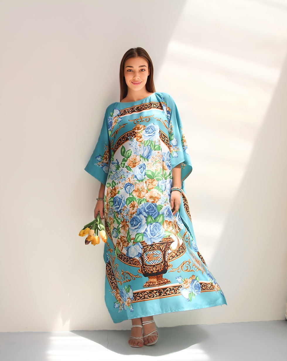 Thumbnail: Blue silk kaftan floral dress- Luxury silk caftan beach wedding dressing gown