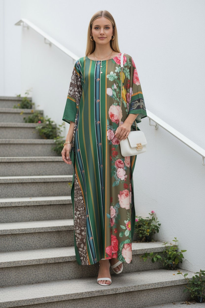 Miniature : Vintage Silk Kaftan Full Length, Rose Kaftan Beach Wear, Indian Kaftan Dress
