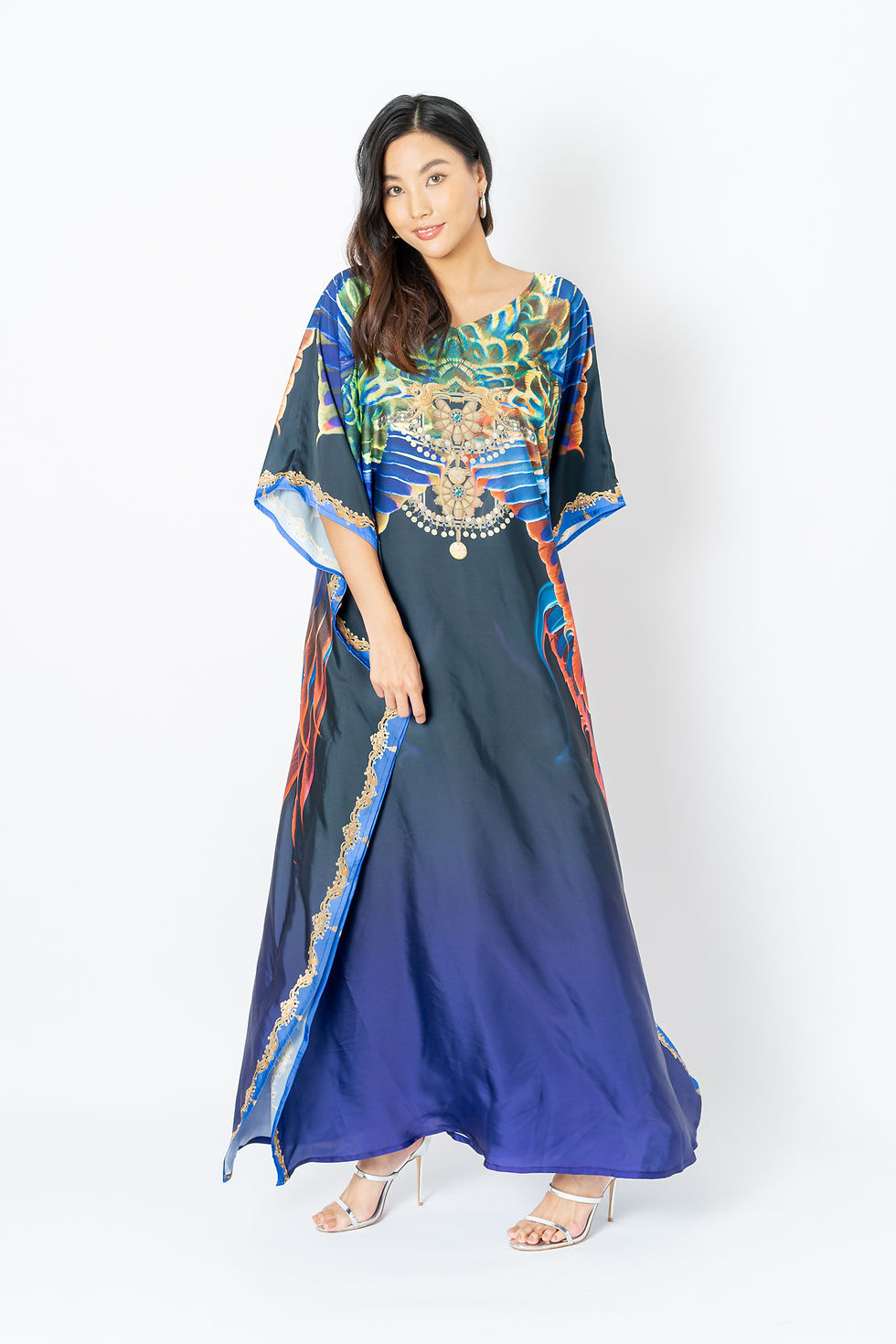 Miniature : Night Dressing Gown, Kaftan with Bird Wing, Vintage Silk Kaftan Plus Size