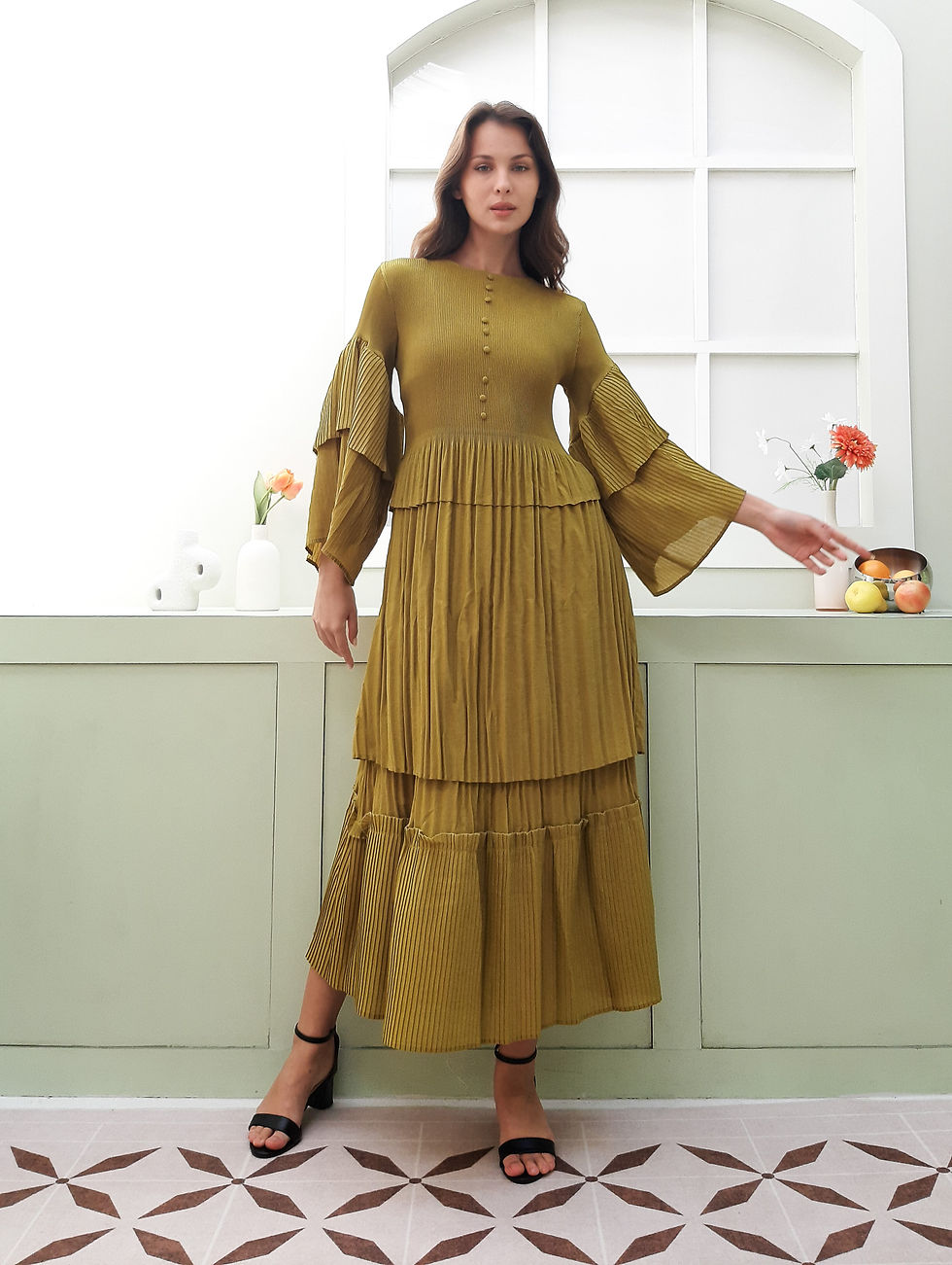 Miniature : Olive dress pleated fabric, Dancing dress party, Cruise dressing gown