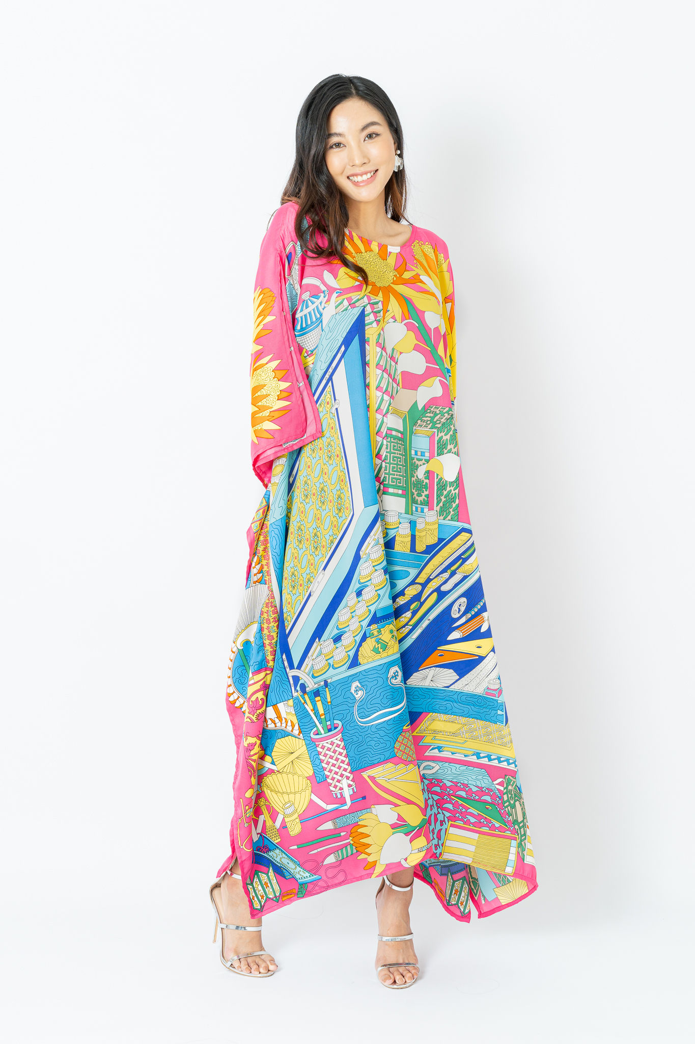 Luxury Silk Kaftan, Designer Silk Kaftan, Pink Kaftan Summer Beach Wear