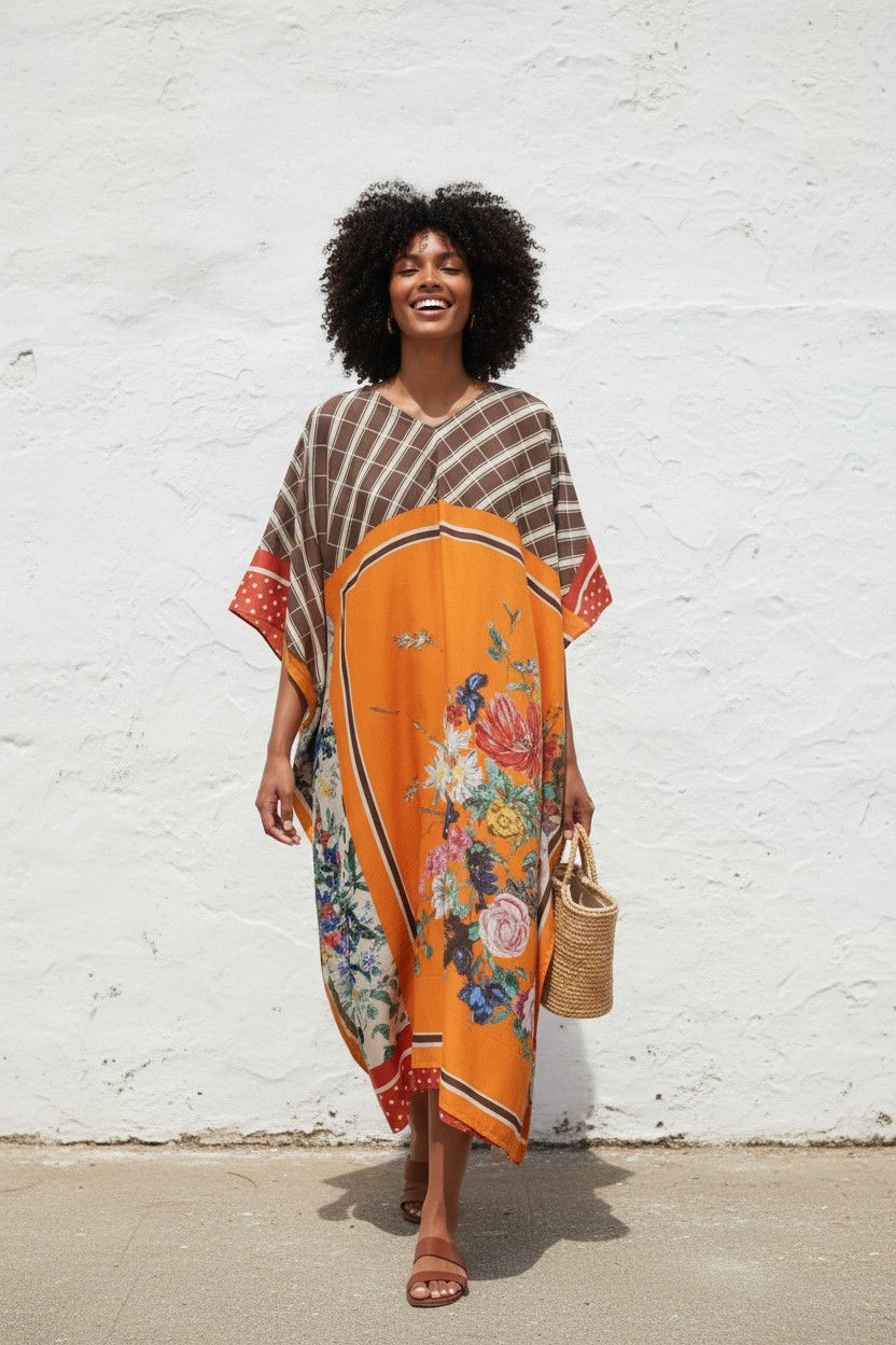 Silk Caftan Plus and One Size Fit All : Twill Silk, Orang Floral Print