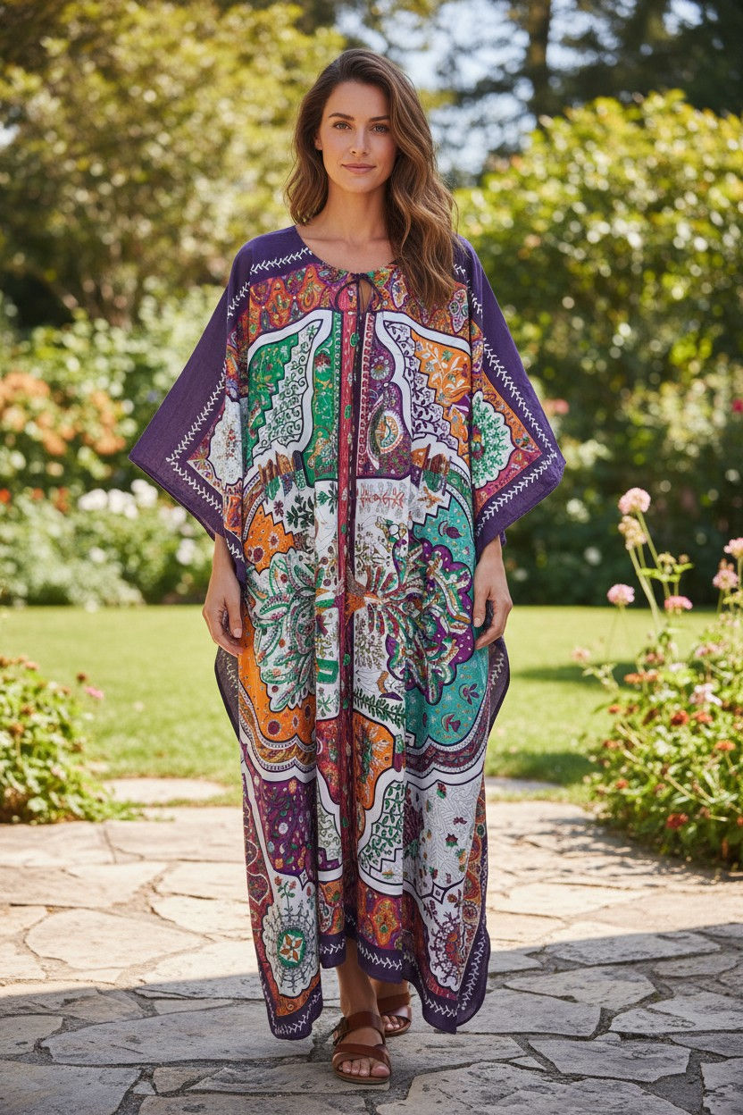 Miniature : Vintage Kaftan Dressing Gown : Purple Gown for Vacation, Silk Twill
