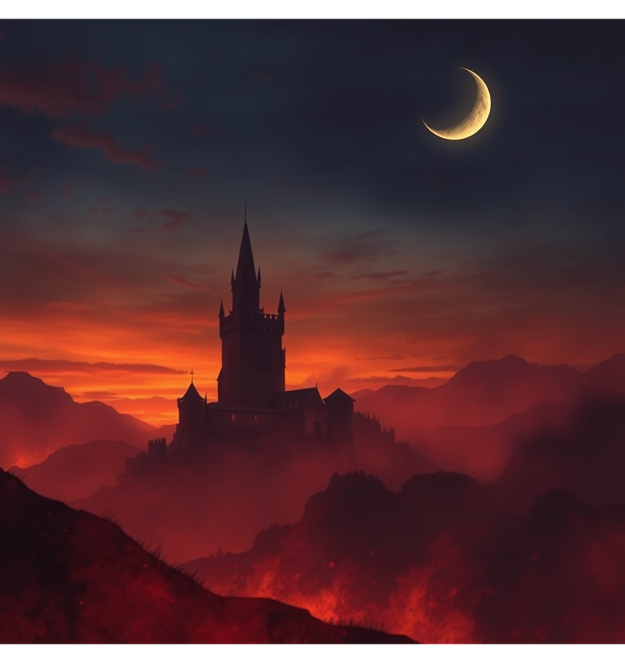 a fantasy image with a fiery horizon featuring a dark medieval tower in the distance with