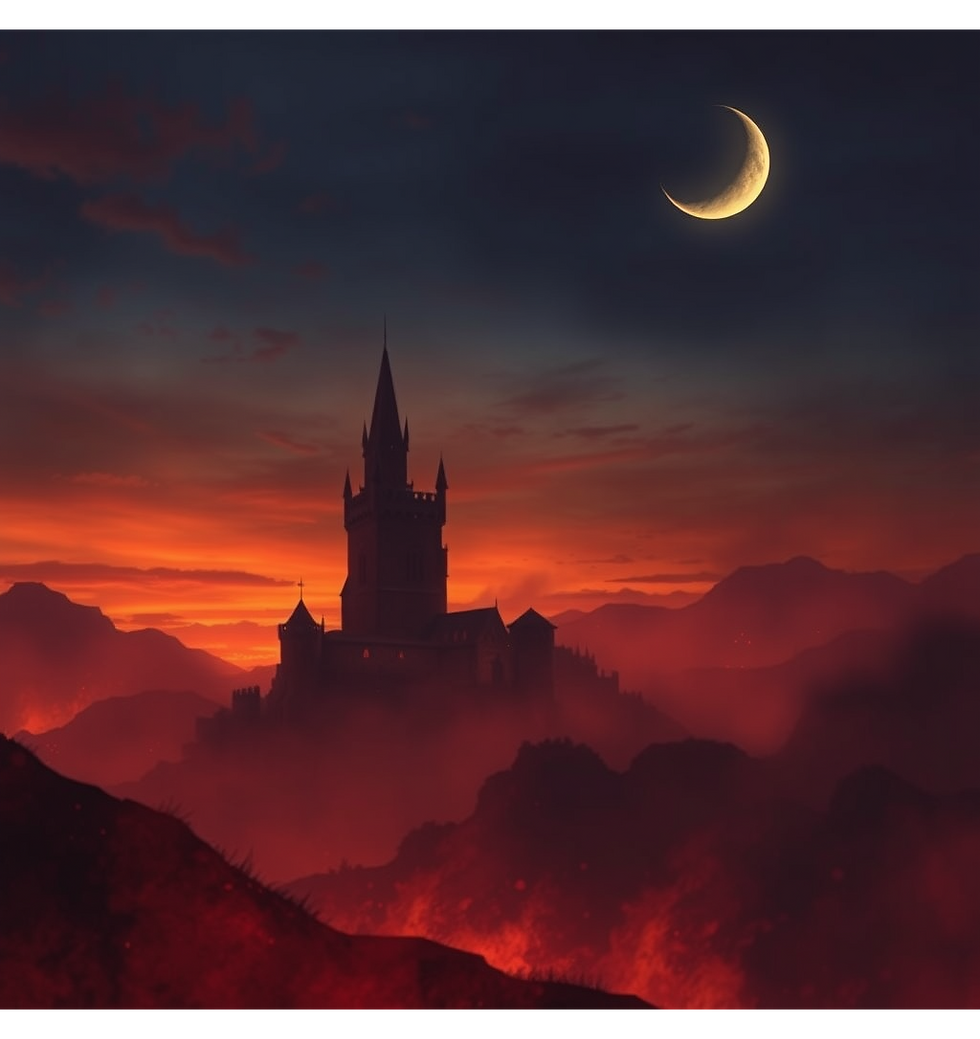 a fantasy image with a  fiery horizon featuring a dark medieval tower in the distance with