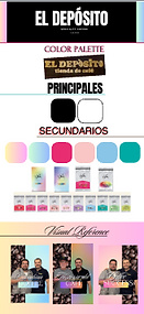 Brand board for El Depósito featuring bold black and white primary colors, pastel secondary palette, logo variations.