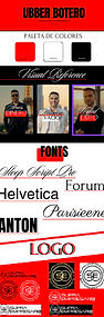 Brand board for Ubber Botero featuring red, black, and white color palette, Helvetica and script fonts, bold visual reference