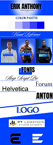 Brand board for Erik Anthony featuring blue color palette, visual references, Helvetica font, and PT Legends logo.