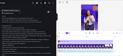 Collage of video editing and scripting tools showing a script draft, avatar recording preview, and editing timeline for socia