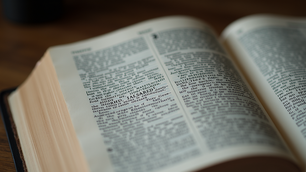 Close-up view of an open Bible showing old English text