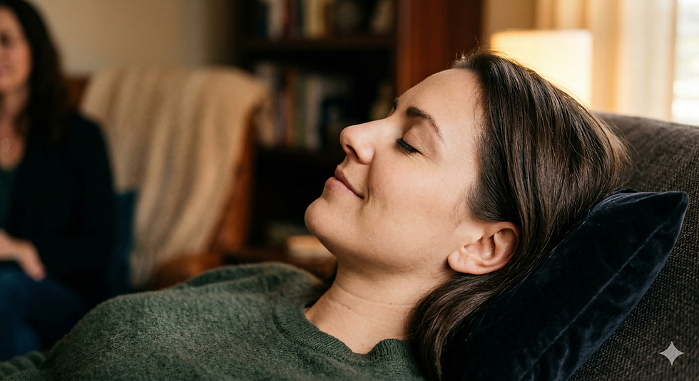 A close-up photograph of a person in deep, focused relaxation during a hypnotherapy session.