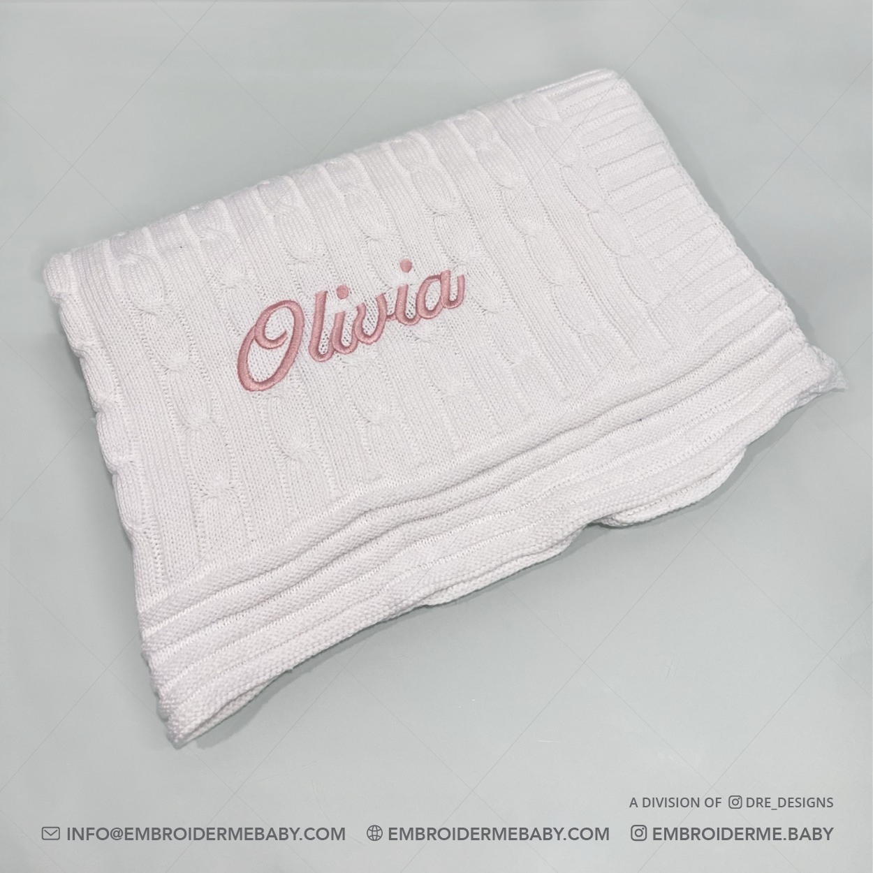 White Cable-Knit Baby Blanket Embroidered with Pink Name