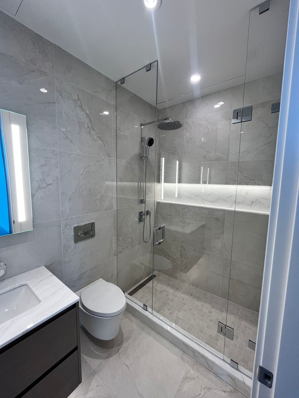 Frameless glass shower and toilet enclosure with frosted privacy panels, featuring precise custom glass cutting and premium h