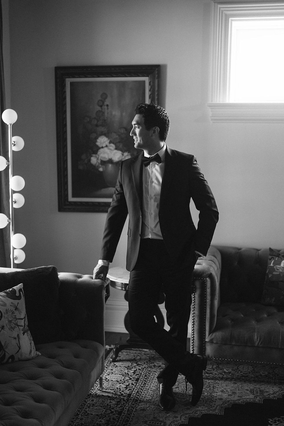 Cocktail hour setup in the Glam Parlour with piano at Fairview 1855 intimate wedding venue in Fort Erie Ontario