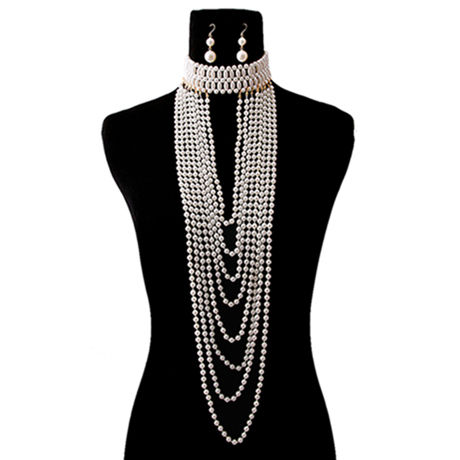 Pearl Long Drape Choker Necklace Set 