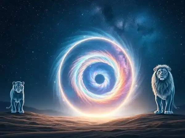 Lion's Gate Portal bathed in celestial light, flanked by ethereal lion guardians under the Milky Way