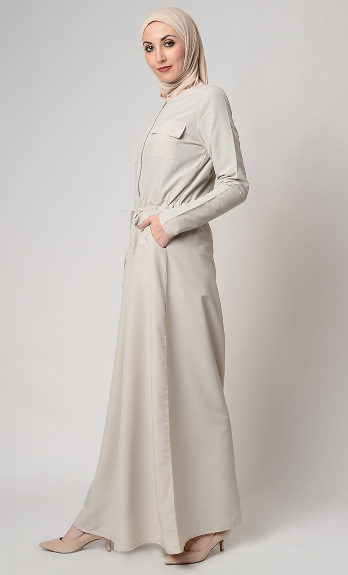 Thumbnail: Slip On Drawstring Zipper Pearl Maxi Dress