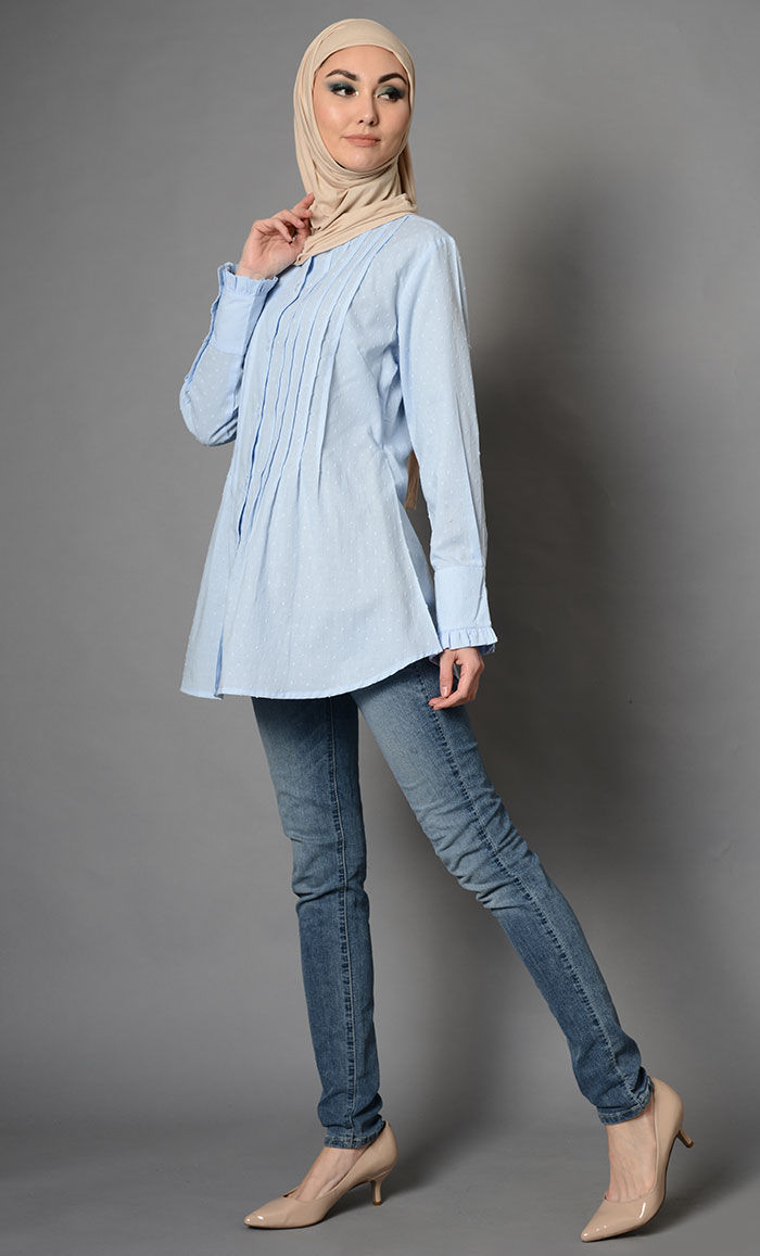 Thumbnail: Blue Pintuck Tailored Business Casual Shirt Top