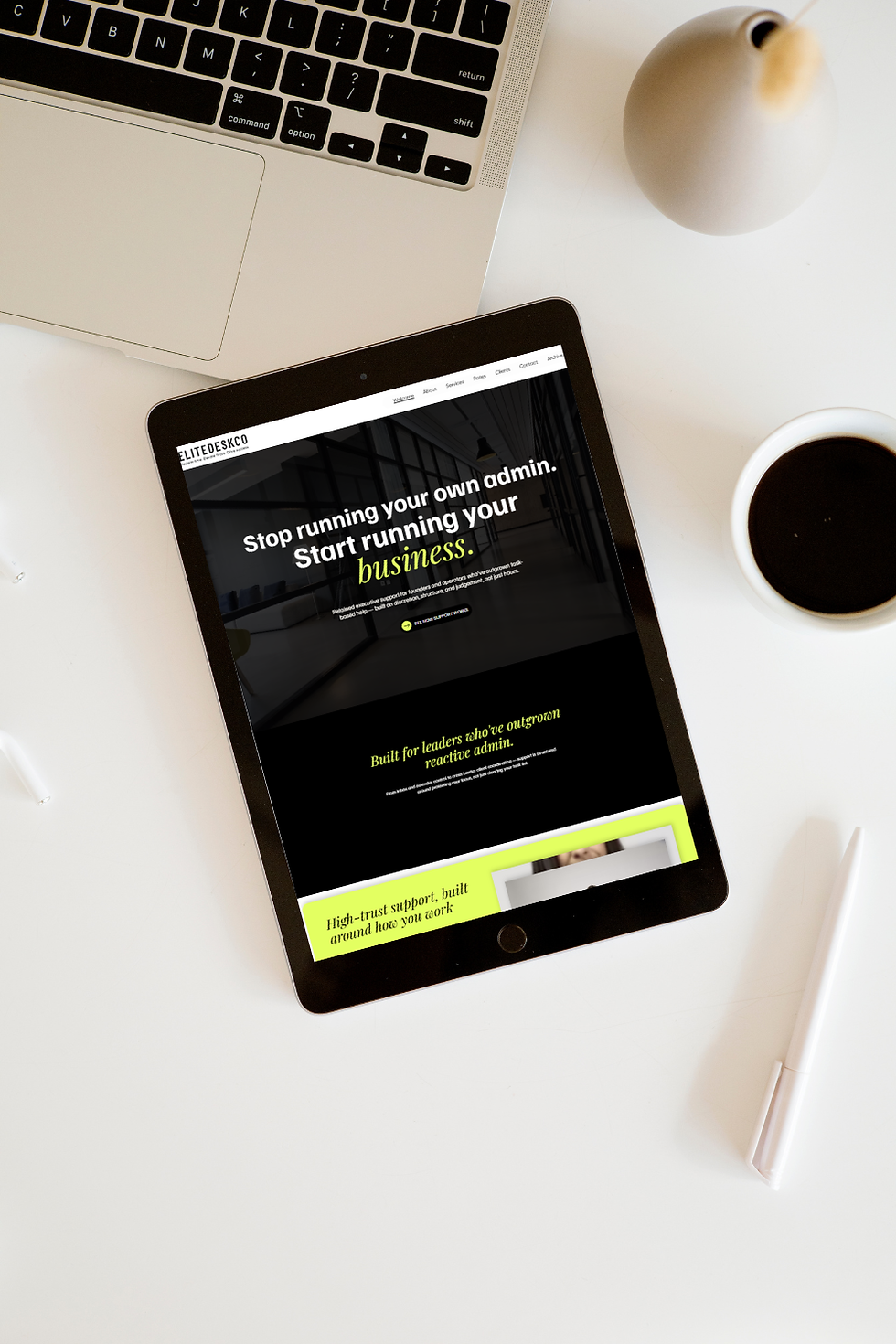 EliteDeskCo website welcome page shown on a tablet