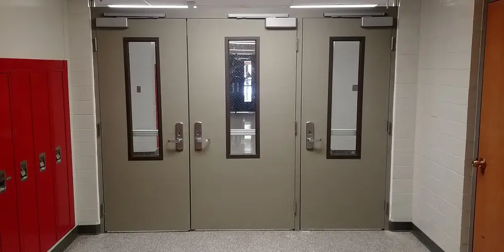 Industrial grey commercial doors with narrow windows