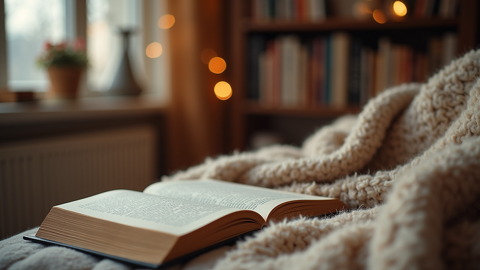 Eye-level view of a cozy reading nook with a warm blanket and a stack of books