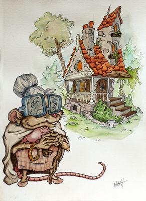 dessin aquarelle encre illustration personnage bande dessinée édition, souris vieille dame maison forêt