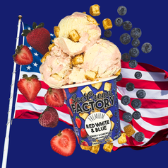 A patriotic blend of blueberry and cheesecake ice creams, swirled with strawberry and packed with golden cheesecake bites. Every spoonful is a sweet celebration.